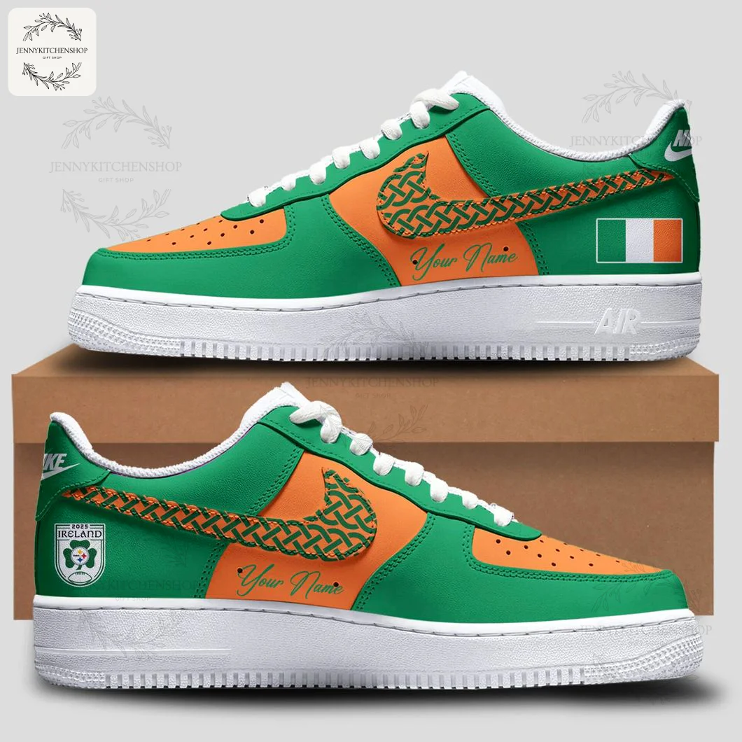 Detailed look at the Steelers Ireland 2025 Air Force 1, showing the green and orange colors, Celtic knot swoosh, and Irish flag.