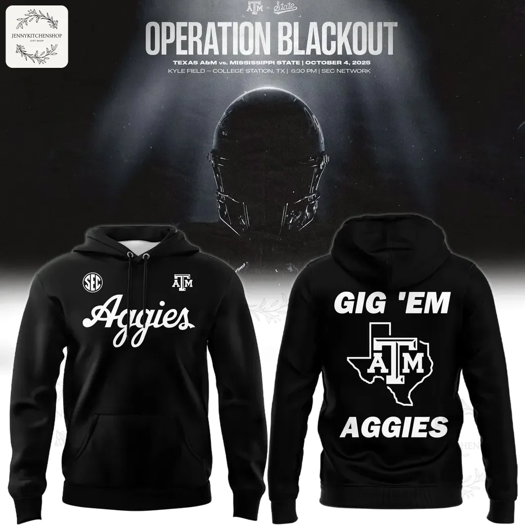 Front and back view of the black Texas A&M Aggies Gig 'Em Dark Mode hoodie against a promotional football background.