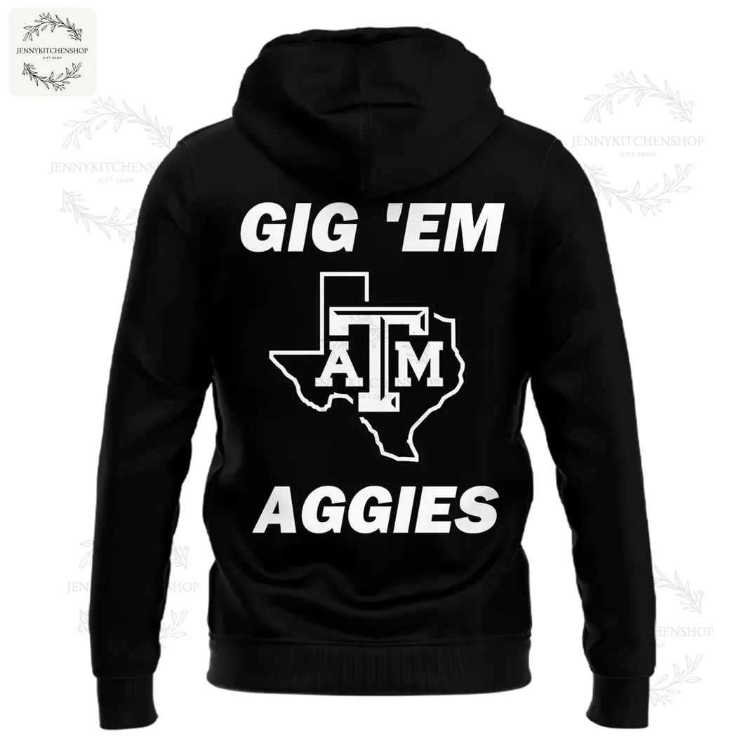 Back View of the Texas A&M Aggies Dark Mode Hoodie Back of the black Texas A&M hoodie with 'GIG 'EM AGGIES' and the ATM logo inside a Texas state outline in white.