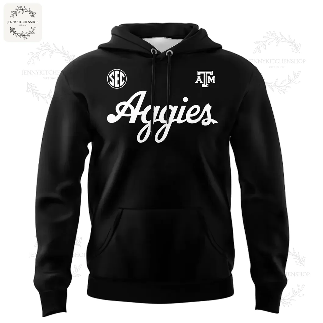 Front of the black Texas A&M hoodie with the 'Aggies' script logo, SEC patch, and ATM logo in white on the chest.