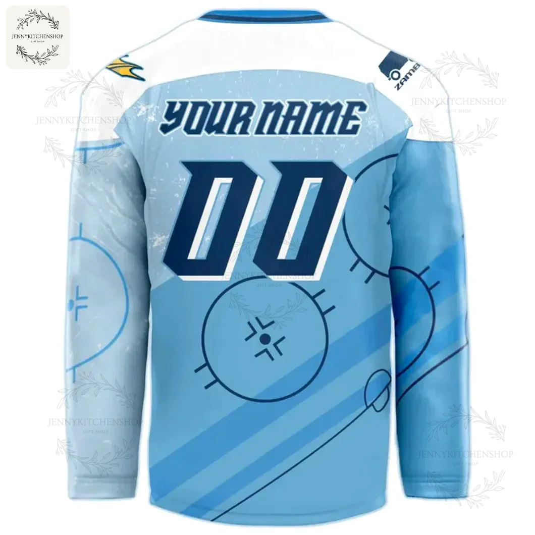 Back View with Custom Name and Number Back of Toledo Walleye Zamboni Night jersey displaying customizable "YOUR NAME" and number "00" over a light blue rink graphic background with white upper yoke and team accent logos