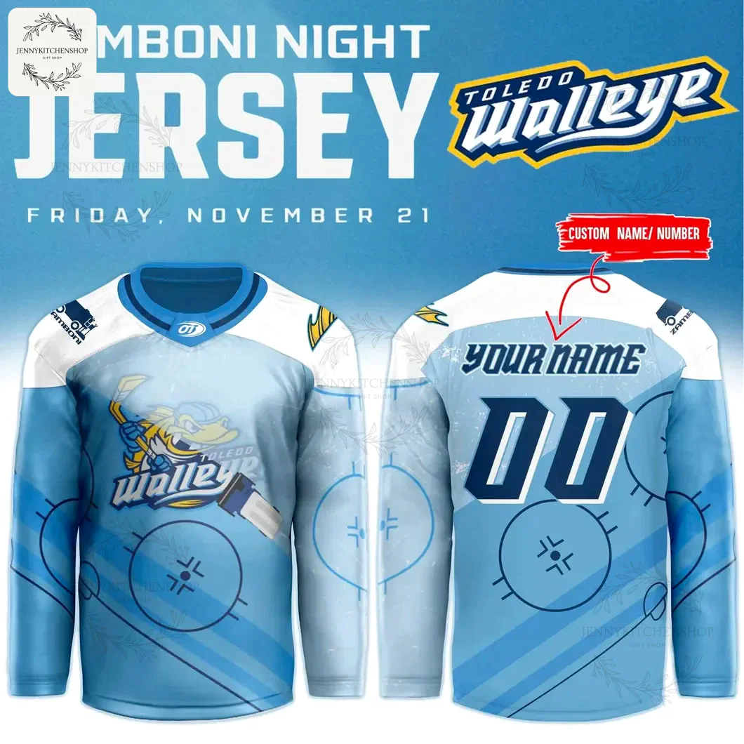 Promotional poster showing front and back of the Toledo Walleye Zamboni Night 2025 hockey jersey in light blue with rink graphics, team logo and a callout for custom name and number