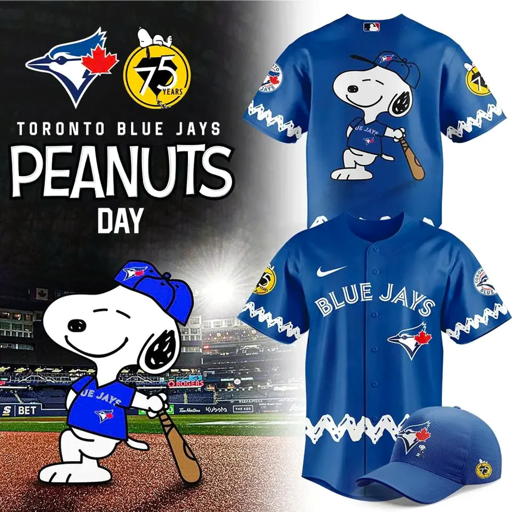 Promotional image for the Blue Jays Peanuts Day jersey, showing Snoopy on a field, the jersey's front and back, and a matching cap.