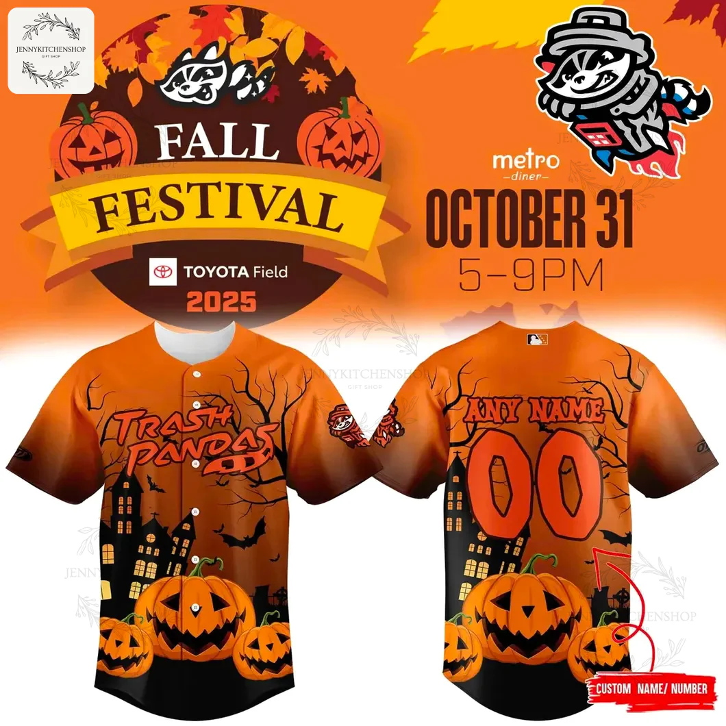 Promo image for the Rocket City Trash Pandas 2025 Fall Festival jersey, showing the front and back with event details.