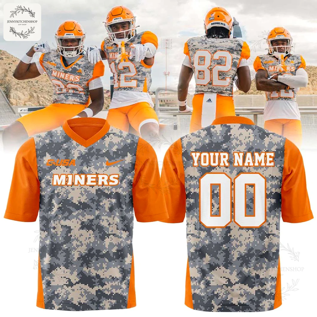 Collage of UTEP Miners players in the For Our Heroes uniform and a customizable jersey with digital camo and orange sleeves.