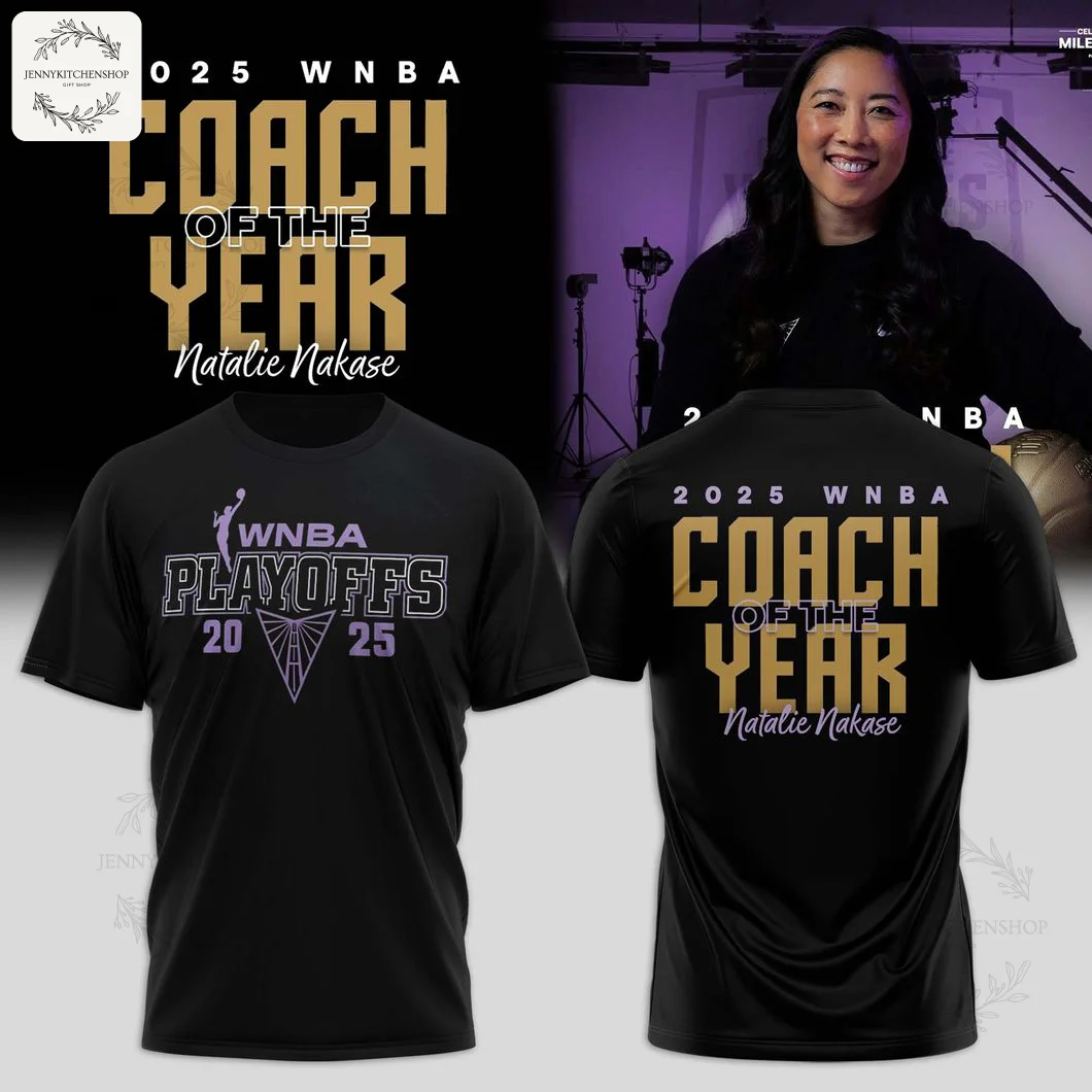 A black t-shirt honoring Golden State Valkyries coach Natalie Nakase. The back says "Coach of the Year" and the front has a WNBA Playoffs logo.
