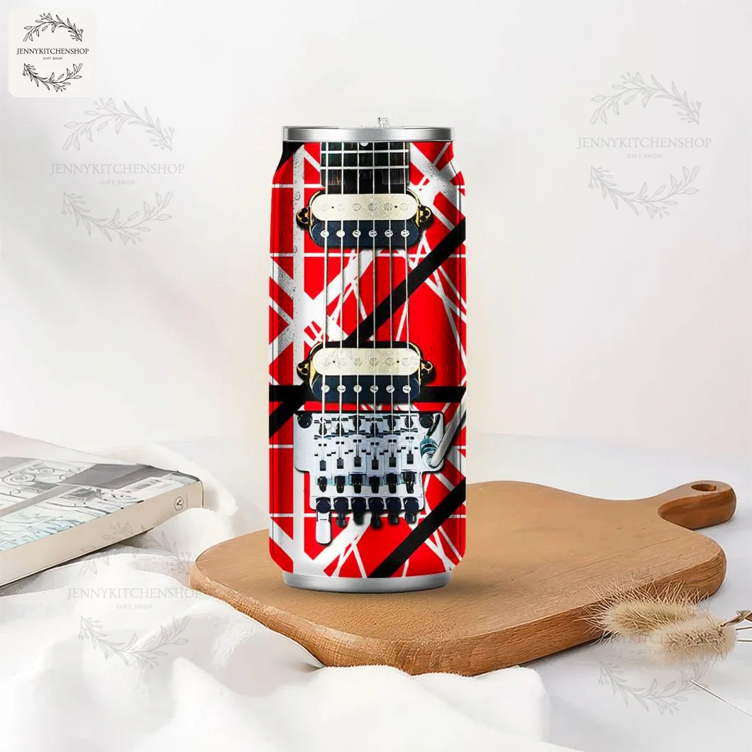 Lifestyle image of the Van Halen can-shaped tumbler, showing the red striped guitar design, sitting on a wooden cutting board.