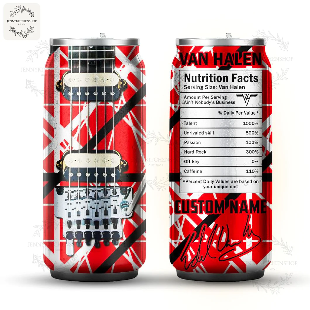 Front and Back View of the Van Halen Custom Can Shaped Tumbler Front and back view of the Van Halen can tumbler, displaying the Frankenstrat guitar design and a customizable nutrition facts label.