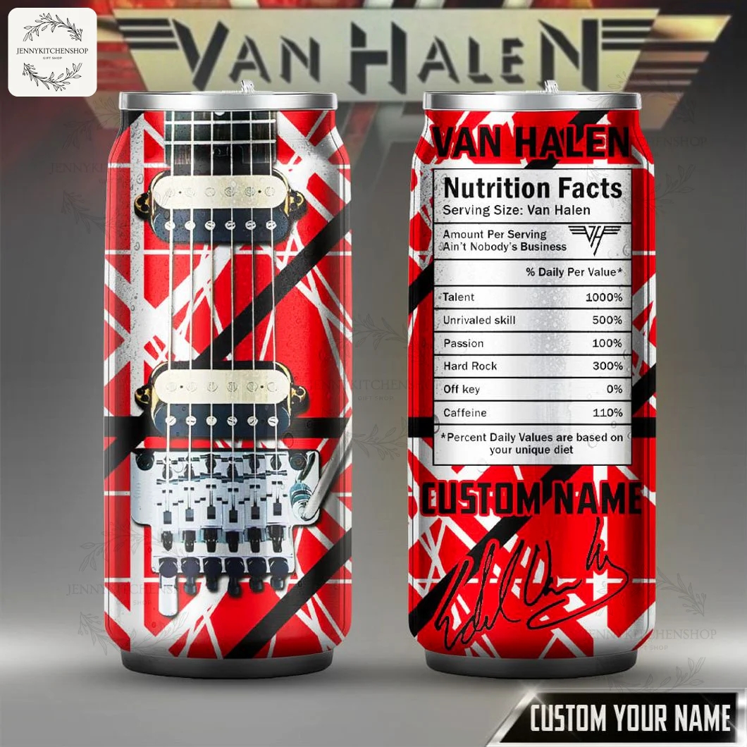 A custom can-shaped tumbler featuring Van Halen's iconic red, white, and black Frankenstrat guitar design and a fun nutrition facts label.
