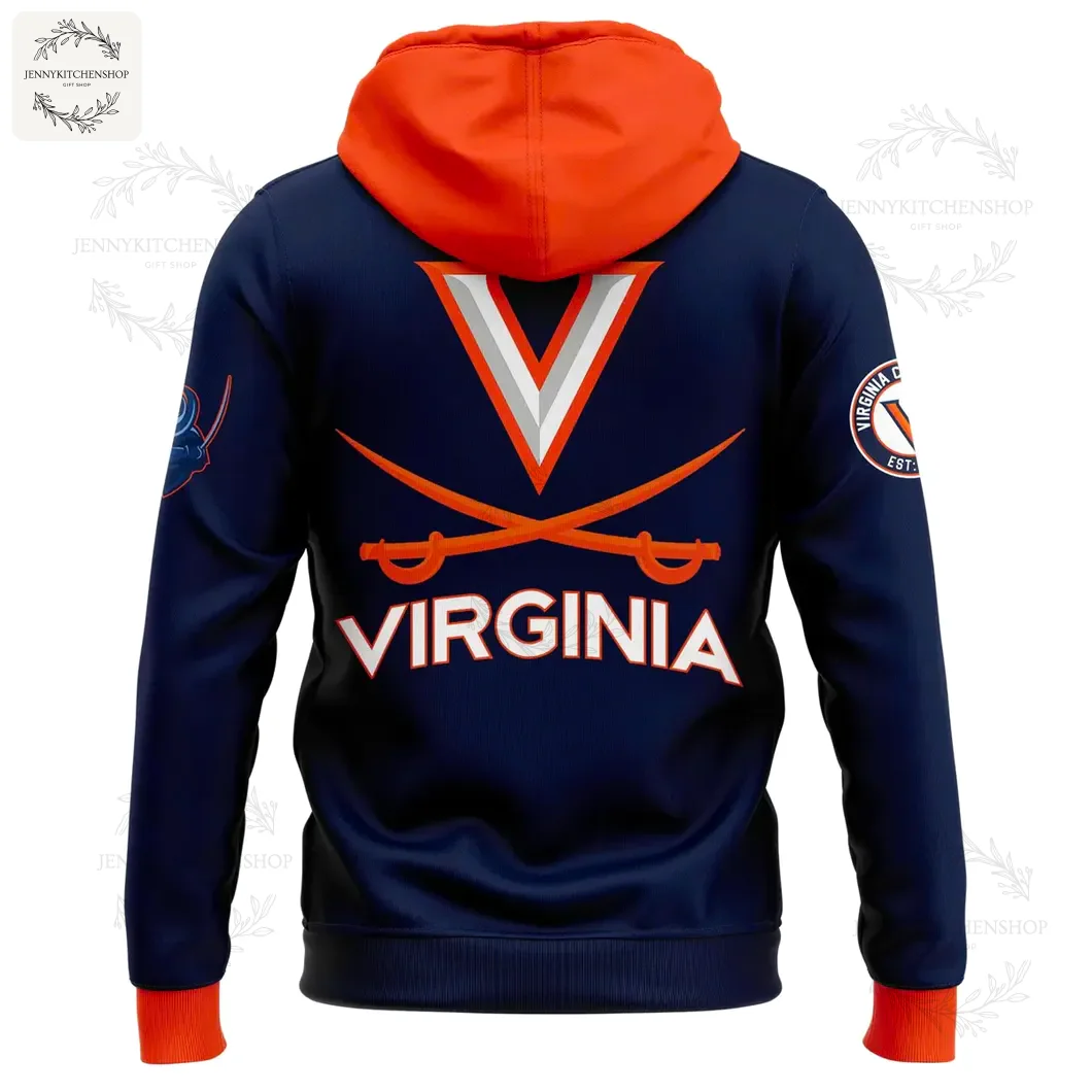 Back View of the Virginia Cavaliers Navy and Orange 2025 Hoodie Back of the navy blue Virginia Cavaliers hoodie showing the large V logo with crossed sabres and the word VIRGINIA in white.