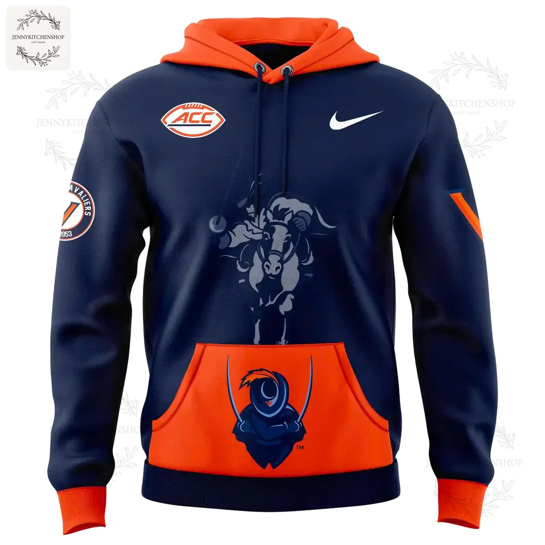 Front of the navy blue Virginia Cavaliers hoodie with an orange pocket and hood, featuring the ACC logo and Cavalier mascot graphic.