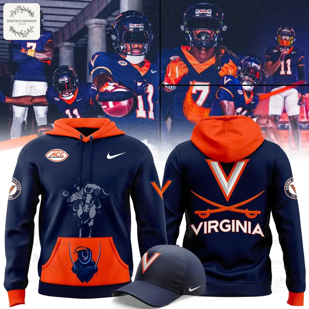 Virginia Cavaliers navy and orange hoodie and cap. The hoodie is shown from the front and back with football players in the background.