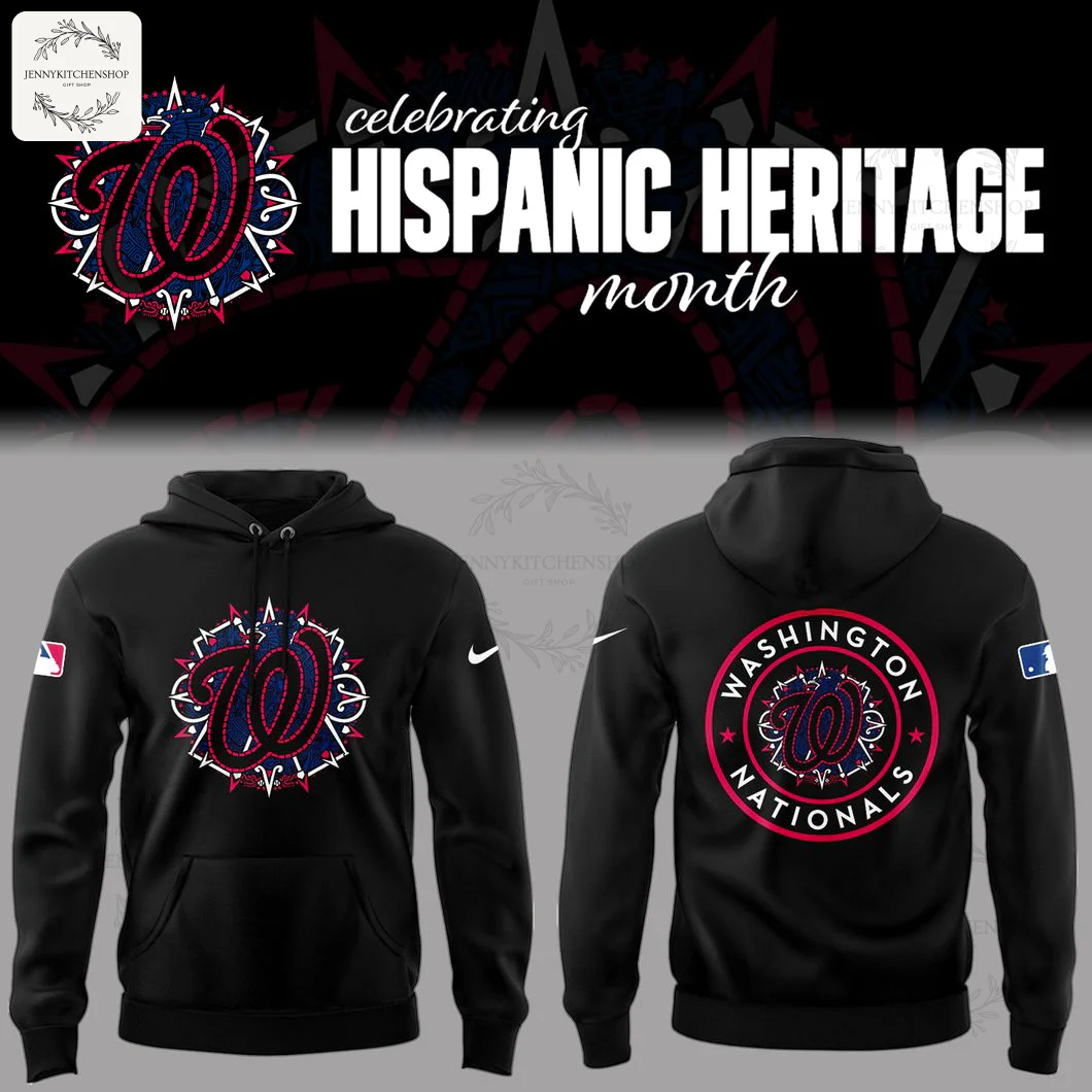 Front and back of a black Washington Nationals hoodie celebrating Hispanic Heritage Month with a specially designed patterned logo.