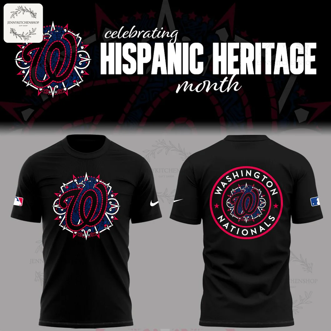 Front and back of a black Washington Nationals t-shirt for Hispanic Heritage Month, featuring a unique, culturally inspired logo.