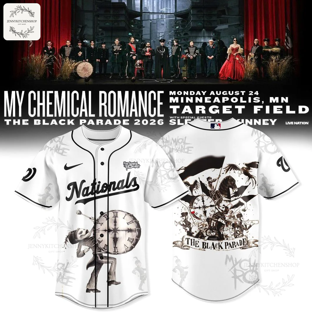 Front and back views of the Washington Nationals x My Chemical Romance 'The Black Parade' white baseball jersey with album artwork.