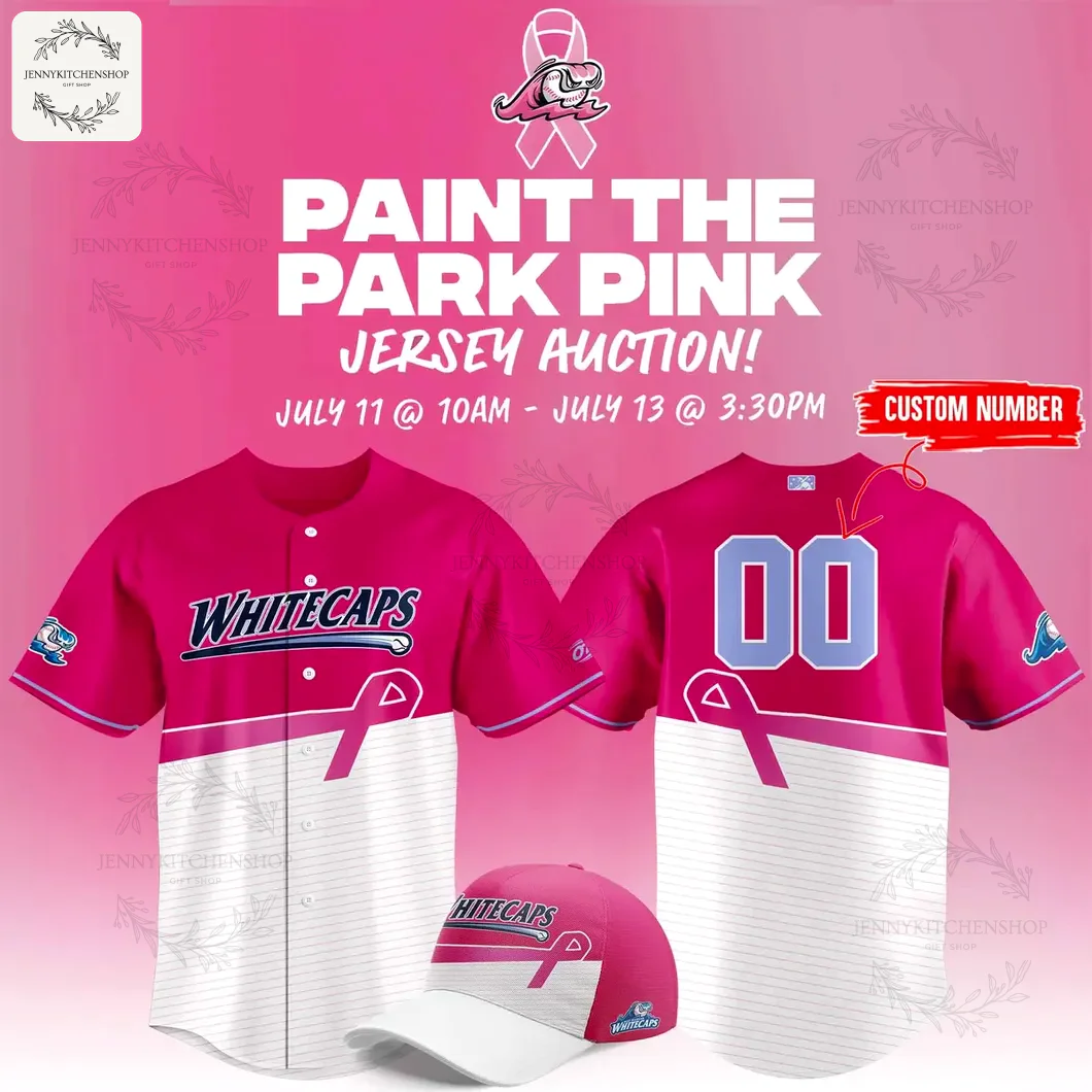 Promotional graphic for the West Michigan Whitecaps Paint the Park Pink jersey auction, showing the pink and white jersey and cap.