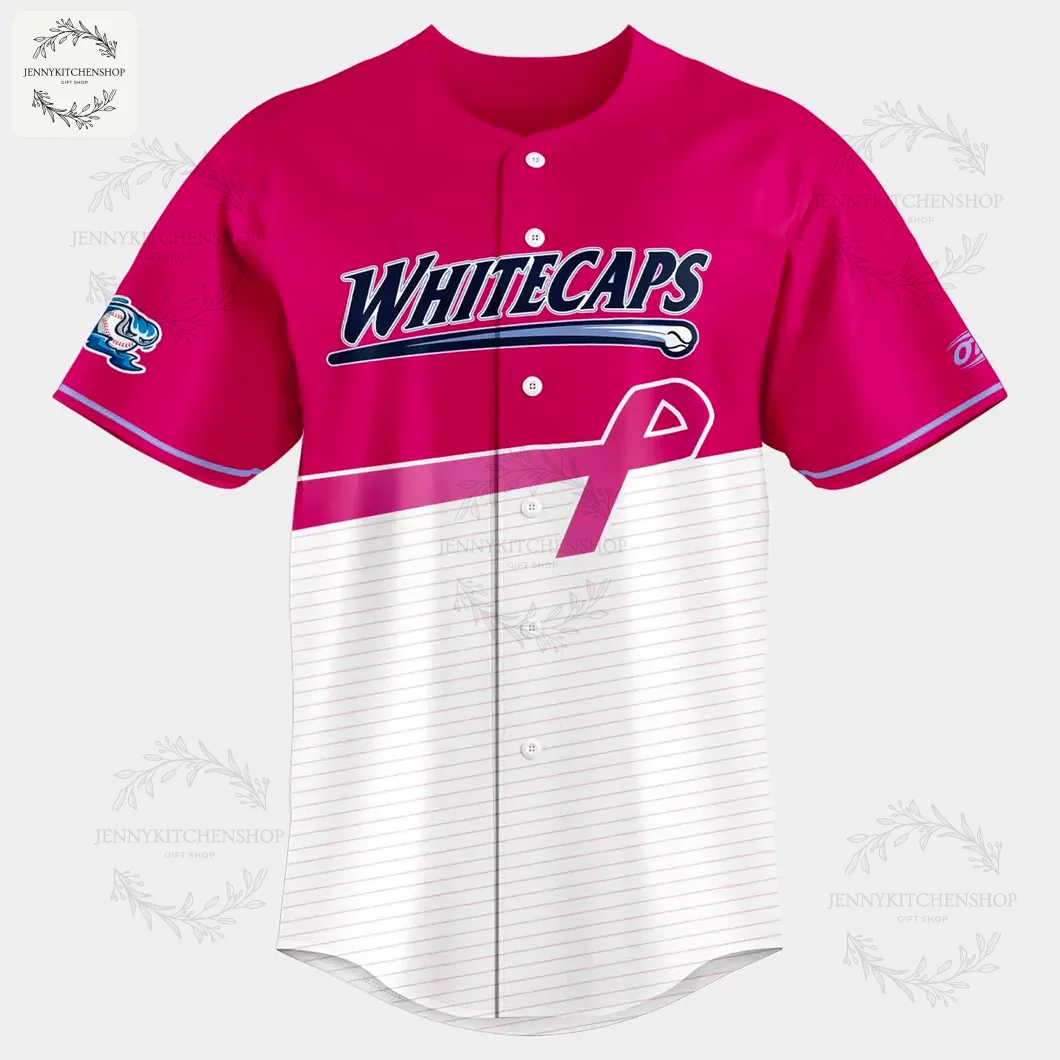 Front of the West Michigan Whitecaps baseball jersey for the Paint the Park Pink event, featuring a pink and white pinstripe design.