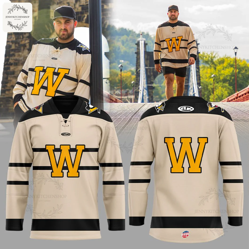 Collage of the Wheeling Nailers alternate jersey, showing a model wearing it, plus isolated front and back product views.