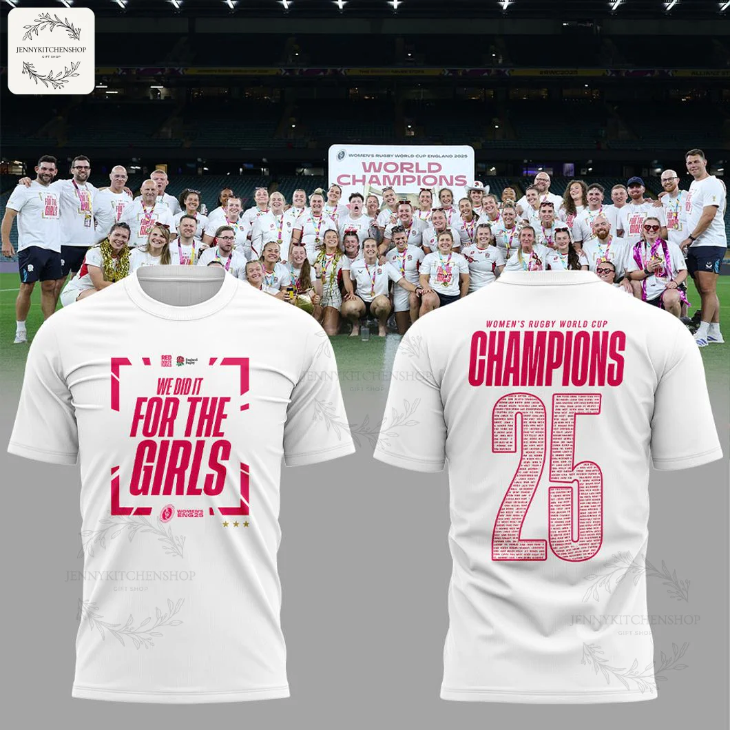 Group photo of the women's rugby team in a stadium wearing white celebration shirts