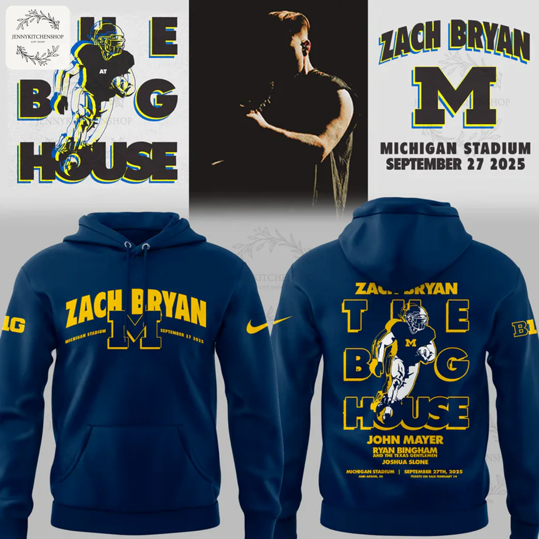 Front and back of the navy blue Zach Bryan Tour Michigan 2025 hoodie, featuring The Big House and concert details.