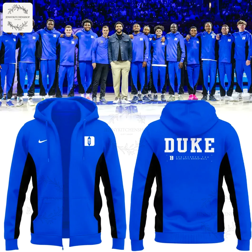 The Duke Blue Devils team posing above a front and back view of the royal blue 2025 men's zip hoodie with team logos.