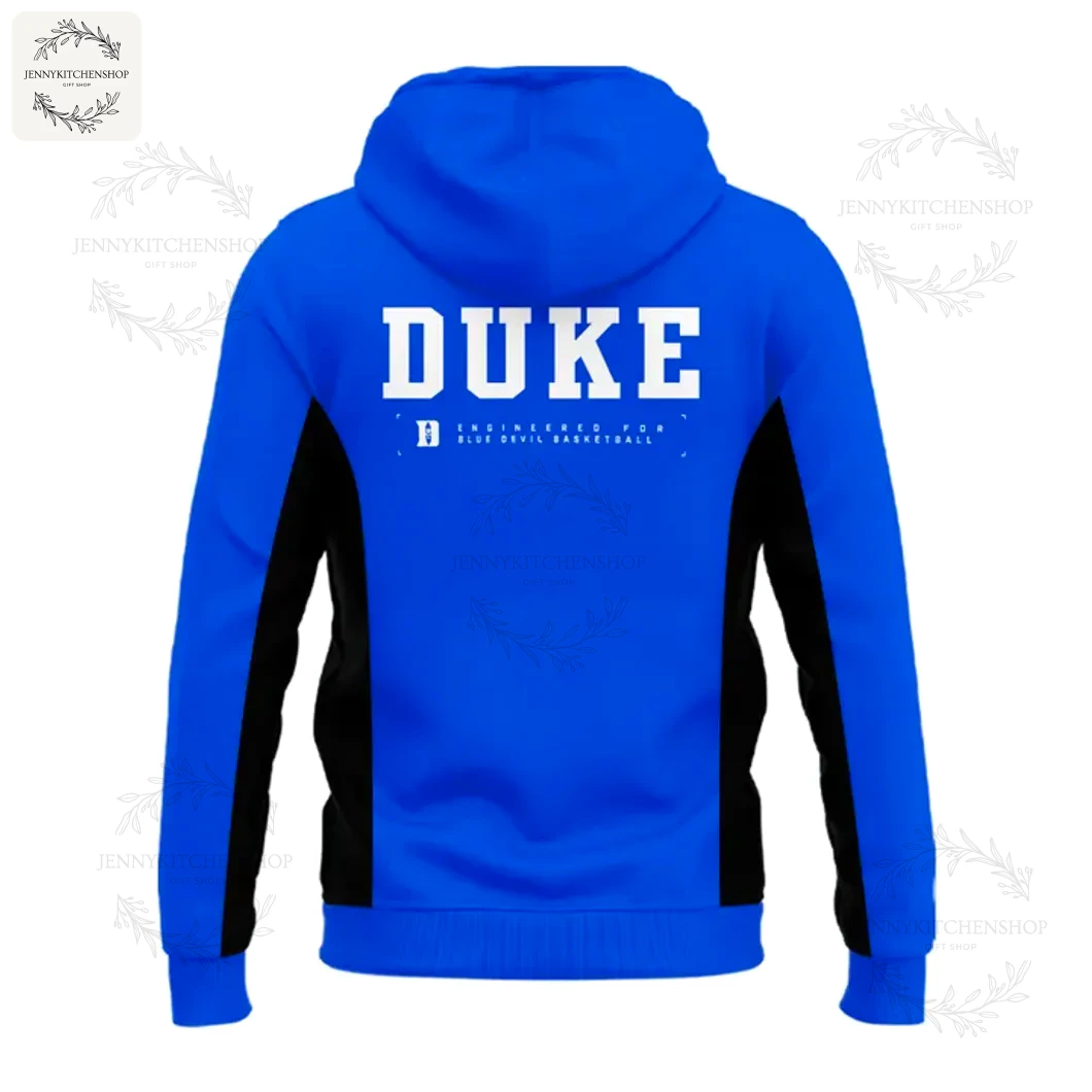 Back View of the 2025 Duke Blue Devils Men's Zip Hoodie Back of the royal blue 2025 Duke Blue Devils zip hoodie featuring "DUKE" in large white letters across the shoulders.