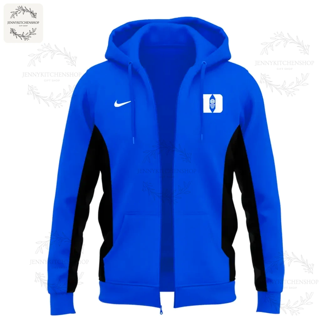 Front of the royal blue 2025 Duke Blue Devils zip hoodie showing the full zipper, Duke 'D' logo, and black side panels.