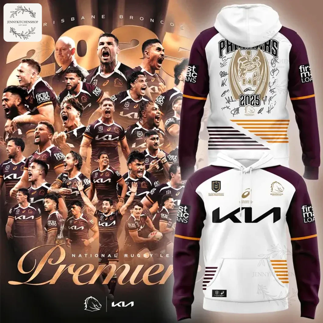 Promotional image showing the Brisbane Broncos 2025 Premiers hoodie front and back, alongside a graphic of the celebrating team.