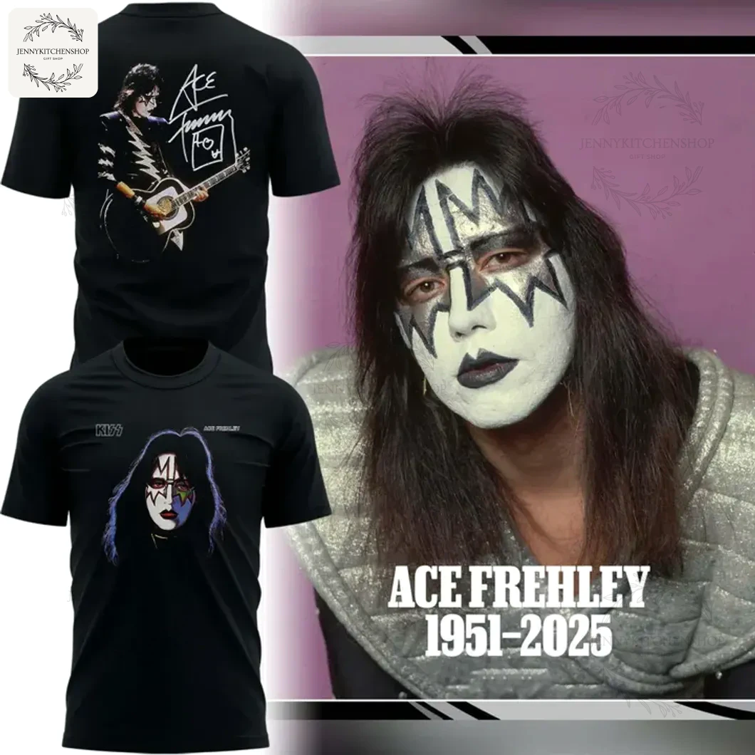 Front and back designs of the Ace Frehley memorial t-shirt, next to a large photo of him in his KISS Spaceman makeup.