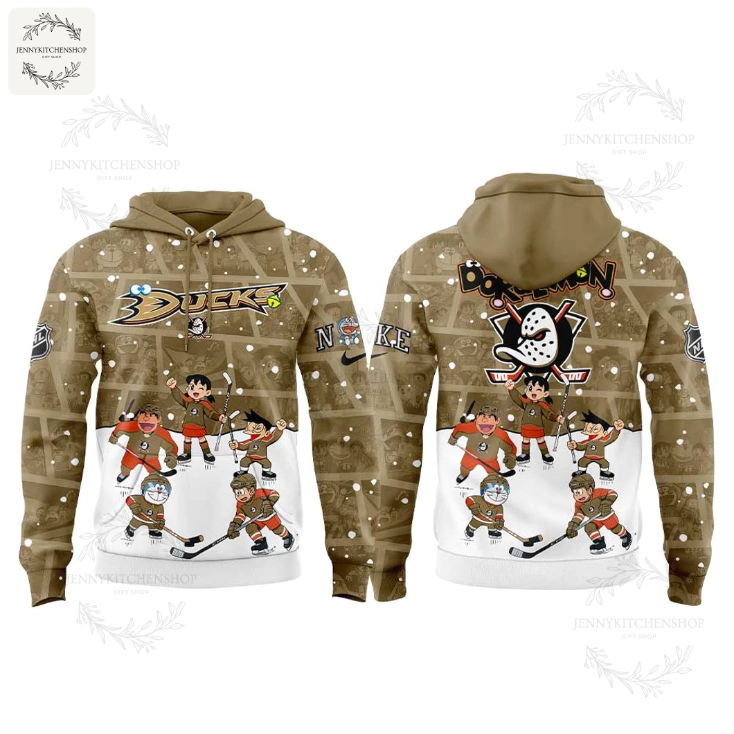 Front and back view of the Anaheim Ducks x Doraemon hoodie, showing the all-over print of characters playing ice hockey.