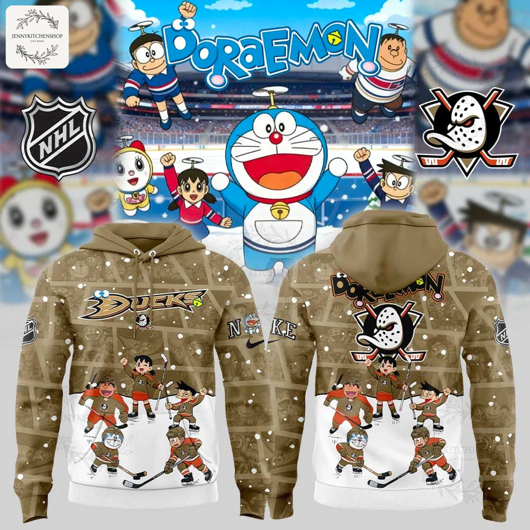 Front and back view of the Anaheim Ducks x Doraemon Limited 2025 Hoodie, featuring Doraemon characters playing ice hockey.