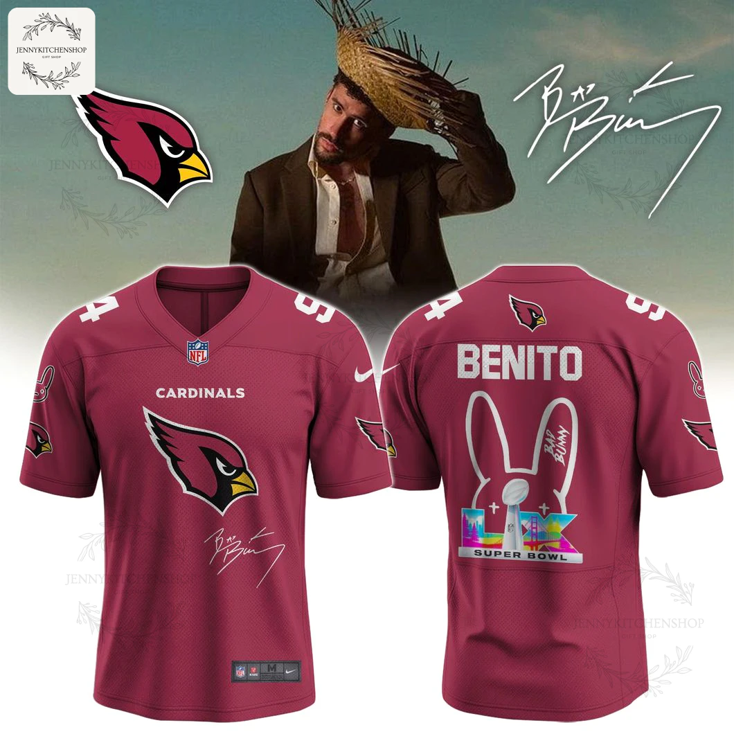 Front and back view of the Arizona Cardinals x Bad Bunny Super Bowl jersey, featuring 'BENITO' and a bunny logo on the back.
