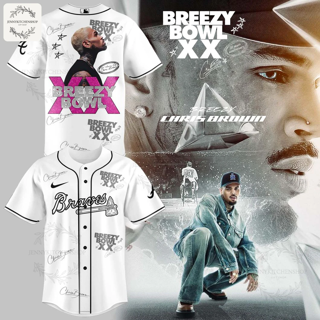 Promotional image showing the front and back of the Atlanta Braves x Chris Brown Breezy Bowl XX jersey next to artist Chris Brown.