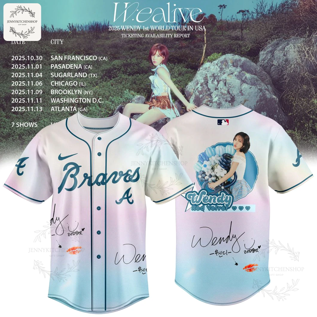 Front view of the Atlanta Braves x Wendy Wealive 2025 First Solo World Tour Baseball Jersey with pastel gradient colors and team script.