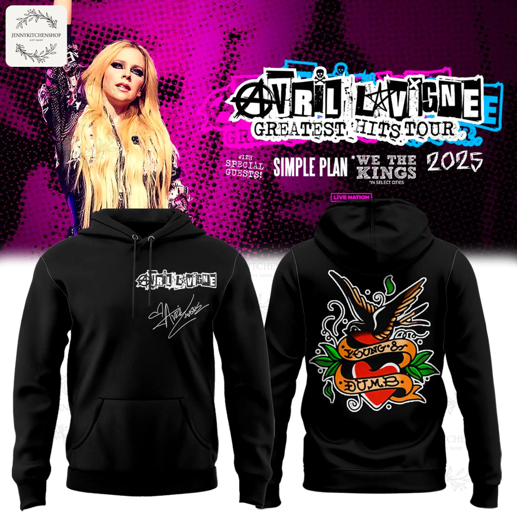 Front and back of the black Avril Lavigne tour hoodie. The front features her logo and signature; the back has a tattoo-style swallow.