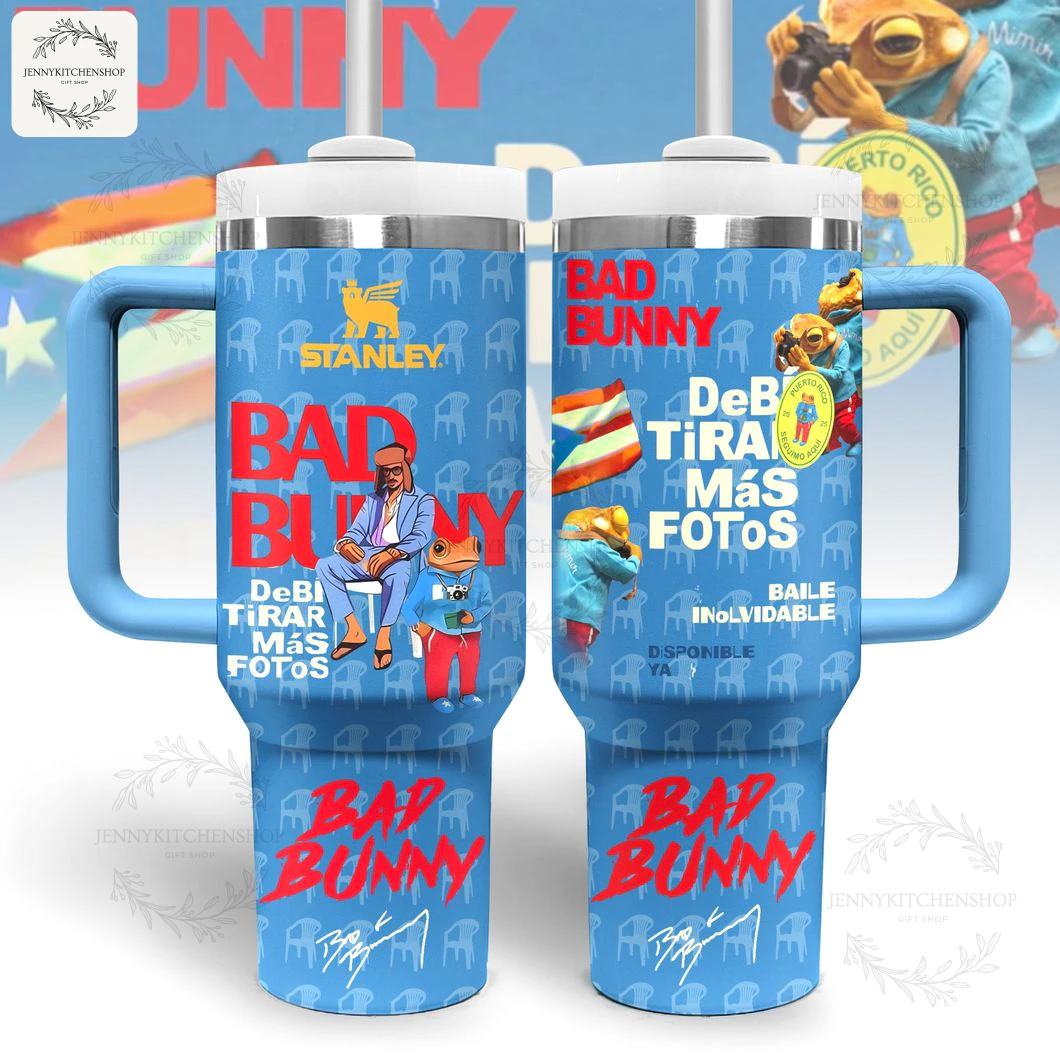 Two views of the Bad Bunny Debi Tirar Mas Fotos tumbler, showing the full wrap-around design on a light blue cup with a handle.