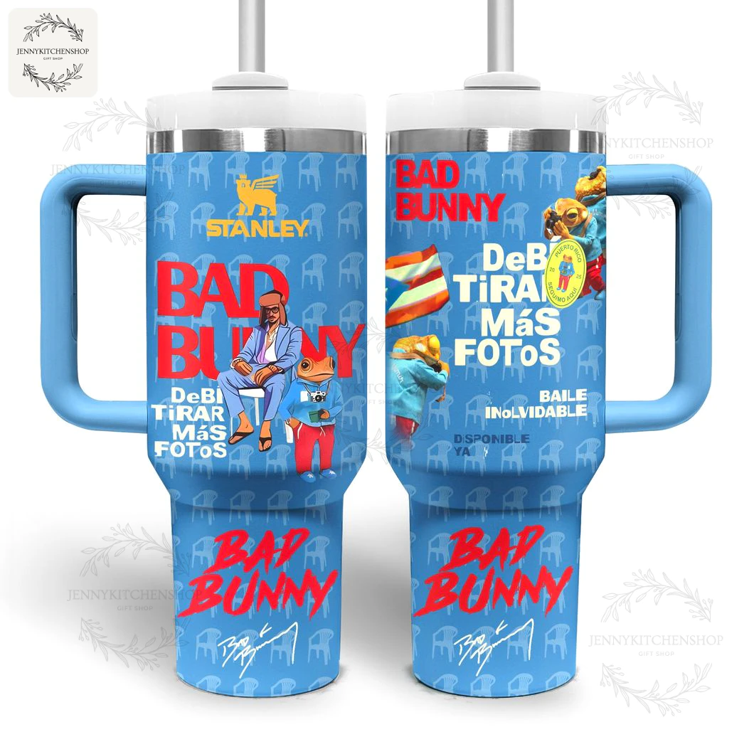 Front and back view of the Bad Bunny tumbler with "Debi Tirar Mas Fotos" artwork against a clean white background.