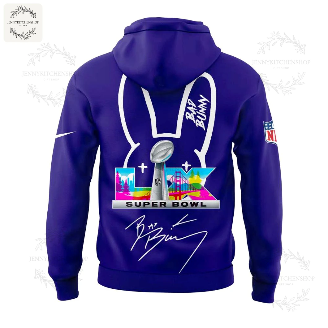 Back View of the Baltimore Ravens x Bad Bunny Super Bowl Hoodie The back of the purple Baltimore Ravens x Bad Bunny hoodie with a large bunny ear graphic, the Super Bowl LIX logo, and a signature.