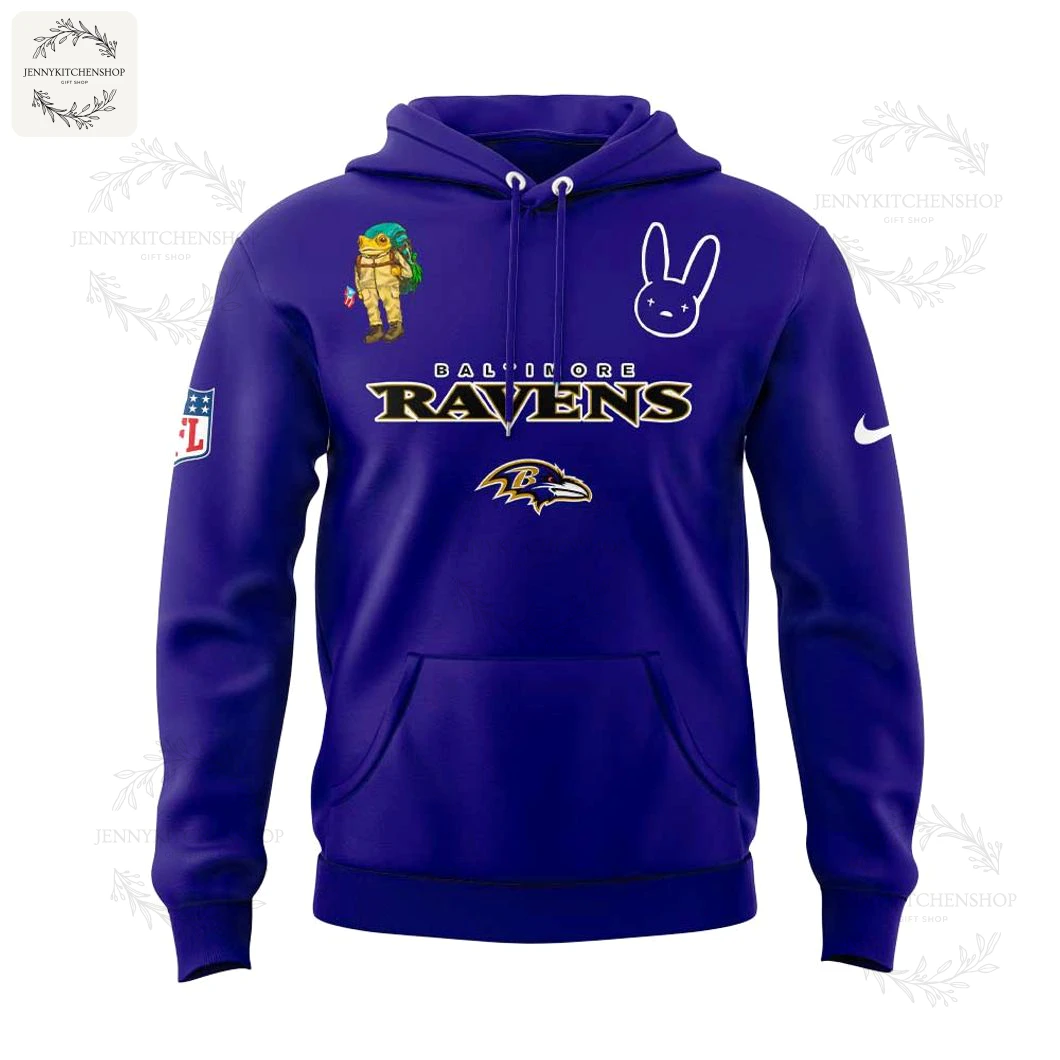 The front of the purple Baltimore Ravens x Bad Bunny hoodie, featuring the team name, logos, and a small character graphic.