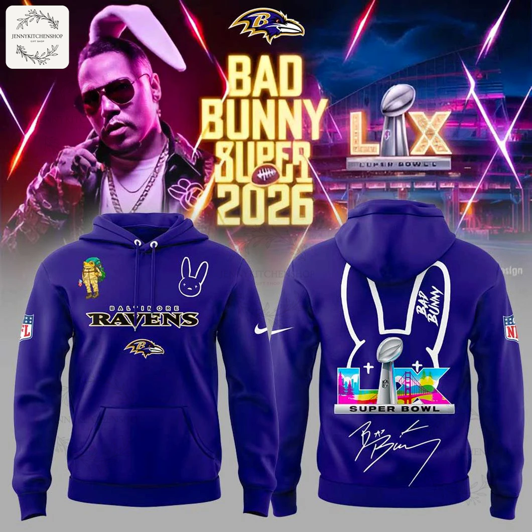 A promotional image showing the front and back designs of the limited edition Baltimore Ravens x Bad Bunny Super Bowl hoodie.