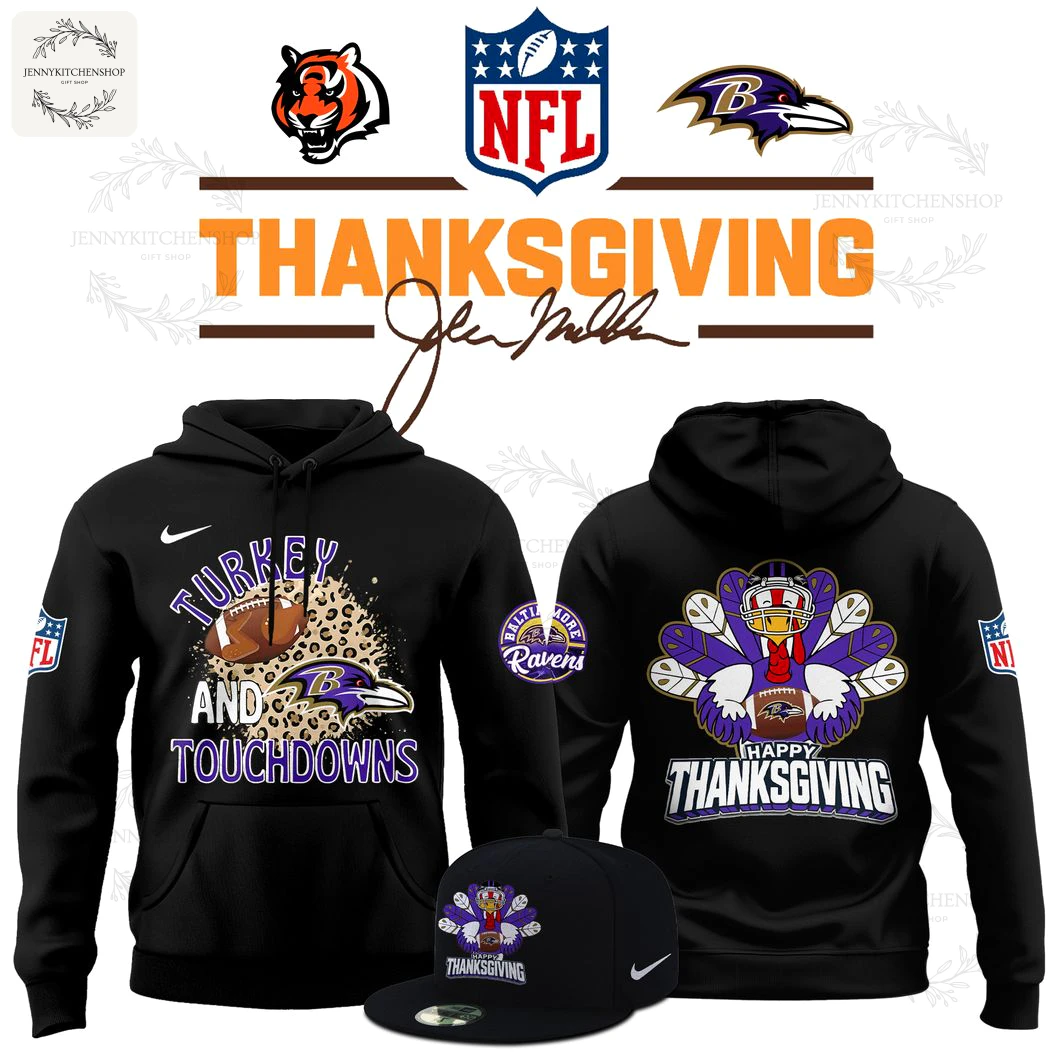Front view of the Baltimore Ravens Thanksgiving Game 2025 Limited Hoodie on a black pullover featuring turkey and Ravens graphics
