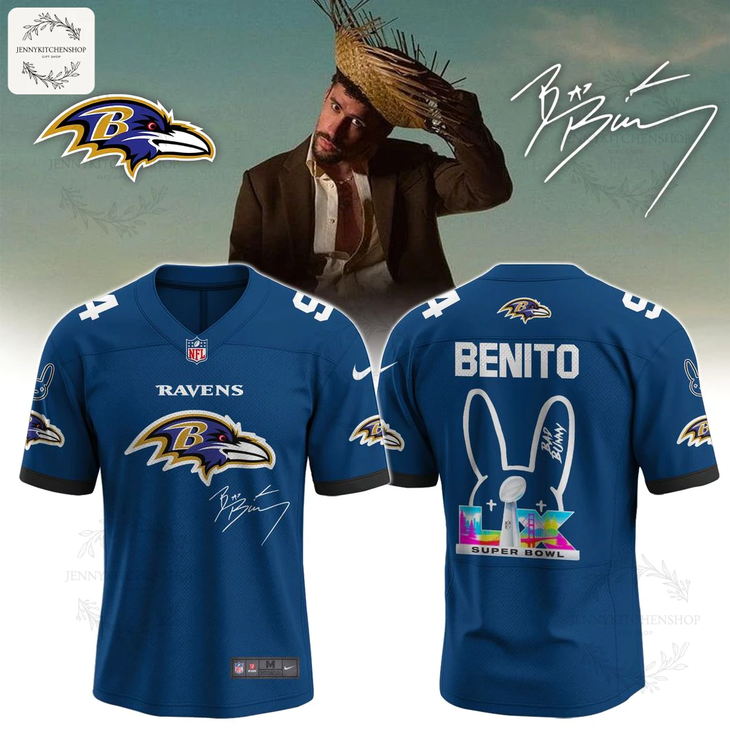Front and back views of the blue Baltimore Ravens x Bad Bunny jersey, featuring the name BENITO and a bunny logo on the back.