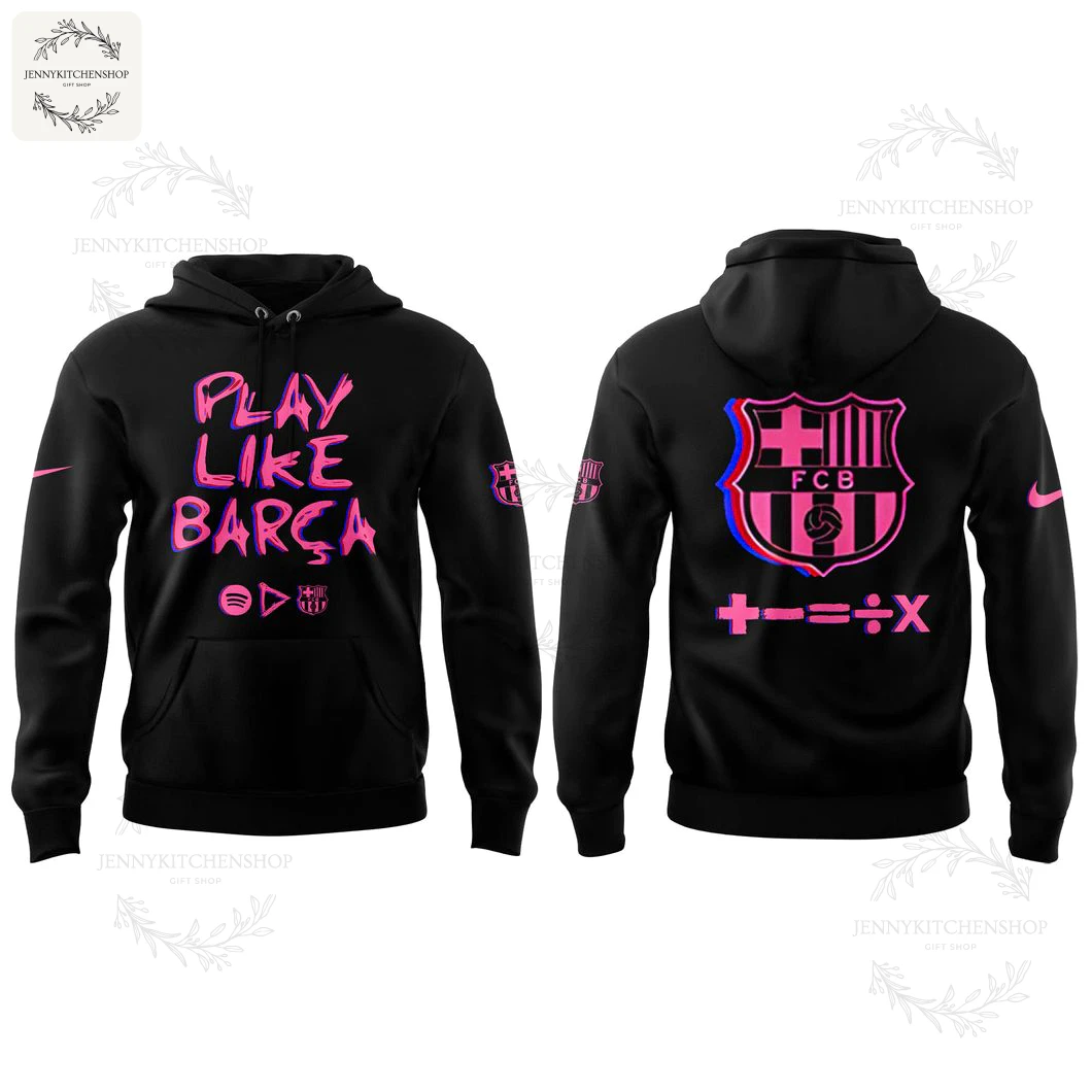 Front and back view of the black Barca x Spotify hoodie. Front says "Play Like Barça". Back has a large crest and math symbols.