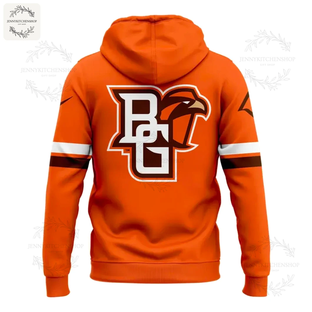 Back View of the BGSU Bowling Green Falcons Hoodie Back of the orange BGSU hoodie showcasing the large Bowling Green Falcons BG logo with a falcon head emblem.
