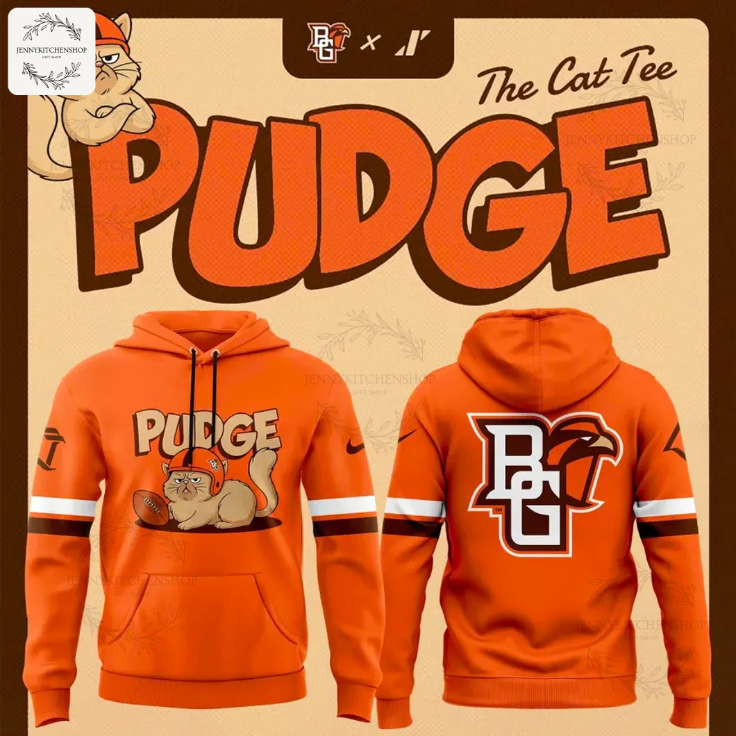 Promotional image of the BGSU Pudge The Cat hoodie, showing the front and back views of the orange sweatshirt.