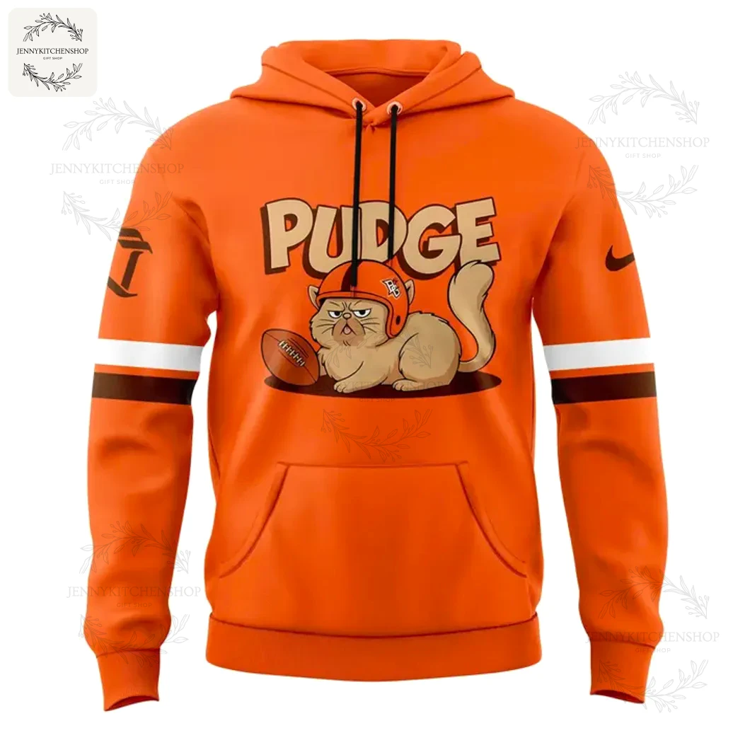 Front of the orange BGSU Bowling Green Falcons hoodie featuring Pudge The Cat wearing a football helmet and holding a football.