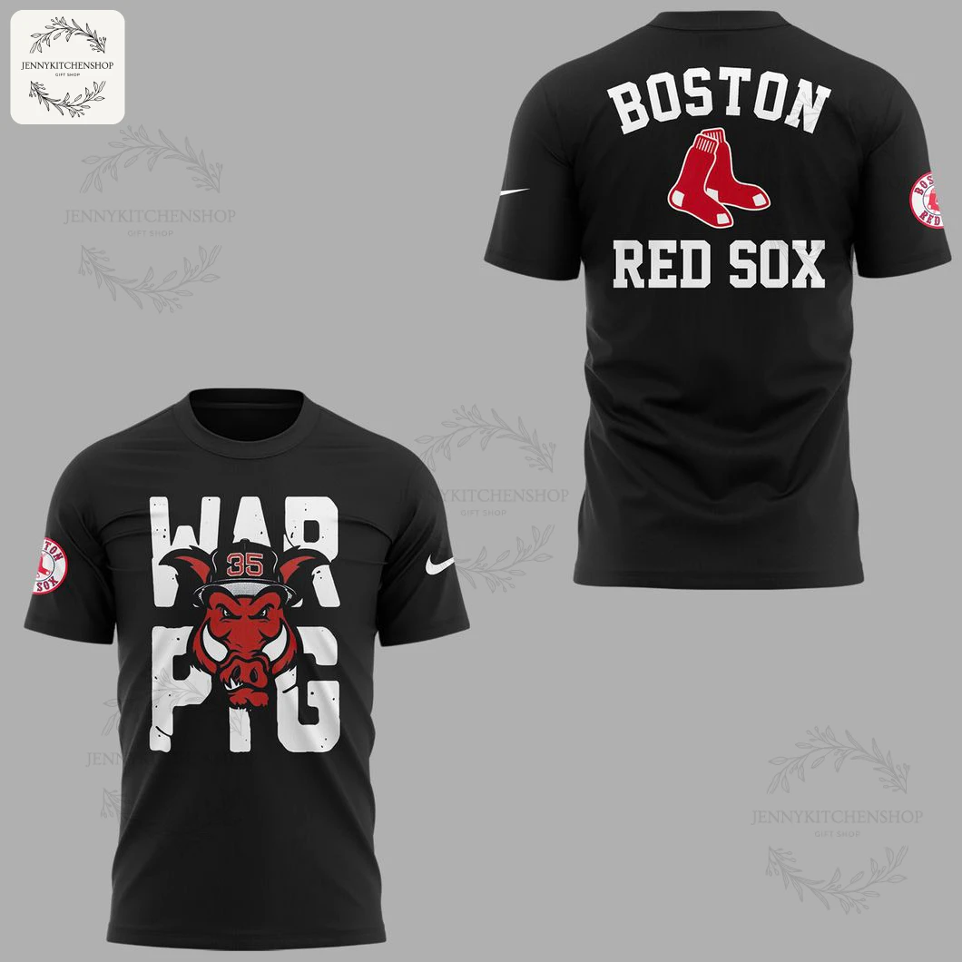 Detailed front and back view of the black Boston Red Sox War Pig 3D T-Shirt, featuring the War Pig graphic and team logos.