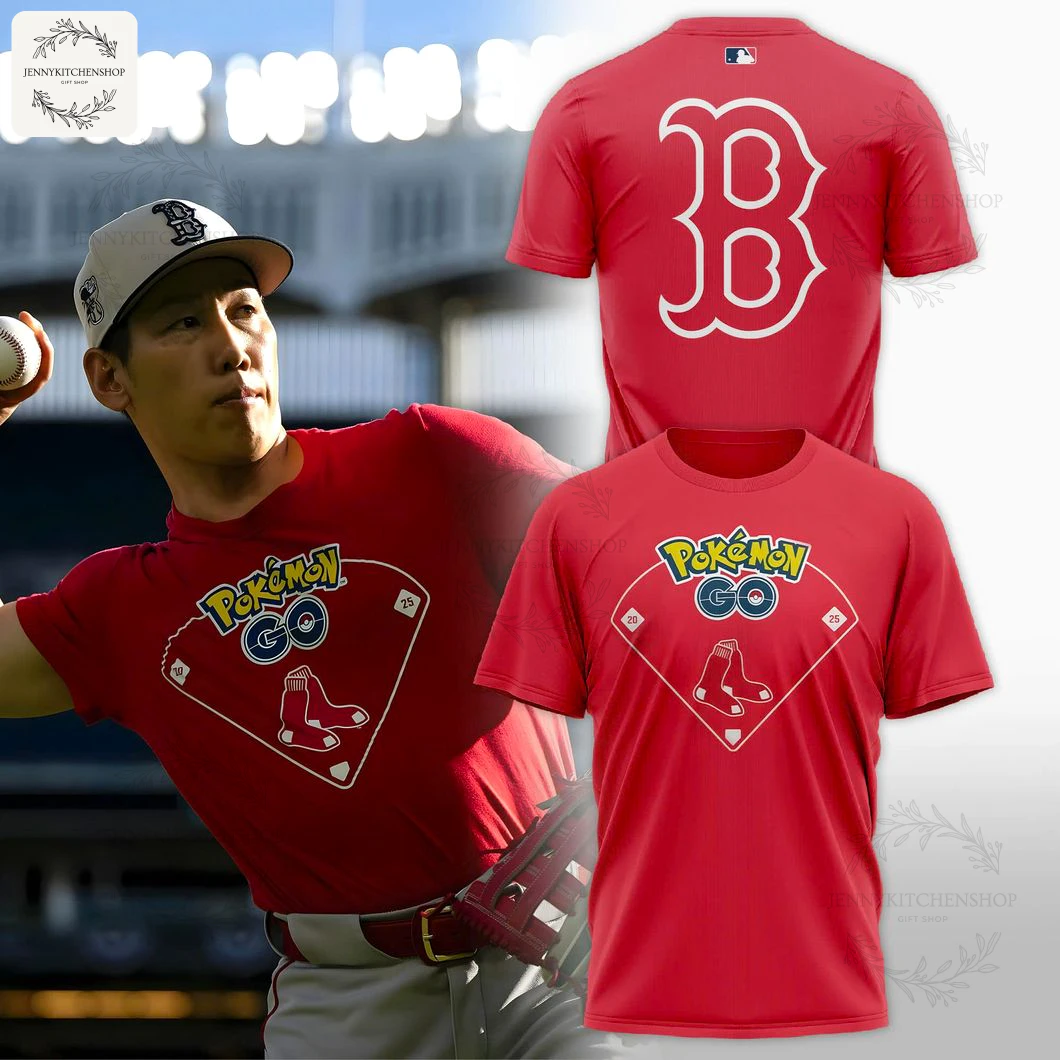 A Boston Red Sox player wearing the red Pokemon GO t-shirt, alongside front and back views of the 3D shirt design.