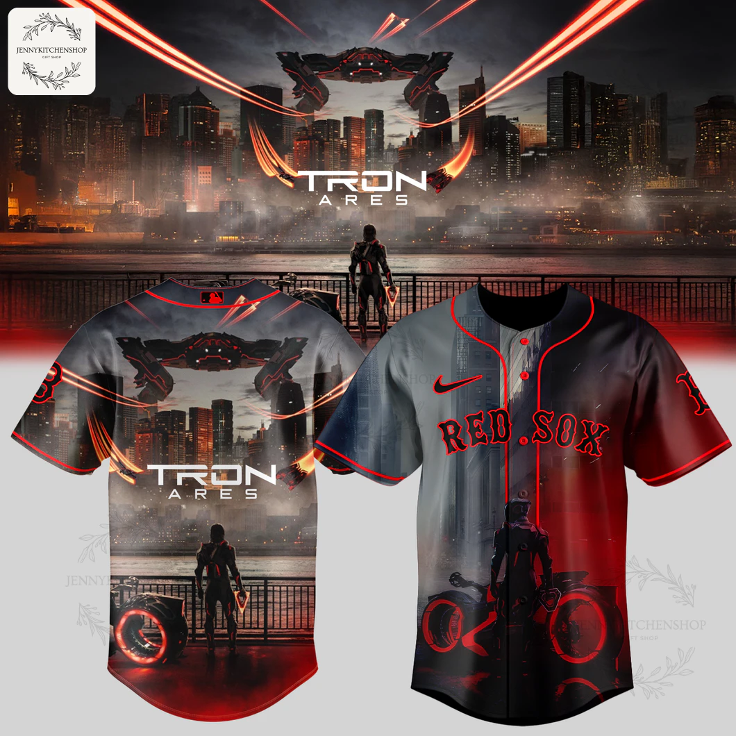 Front and back of the Boston Red Sox x Tron Ares limited edition baseball jersey, featuring futuristic city and vehicle graphics.