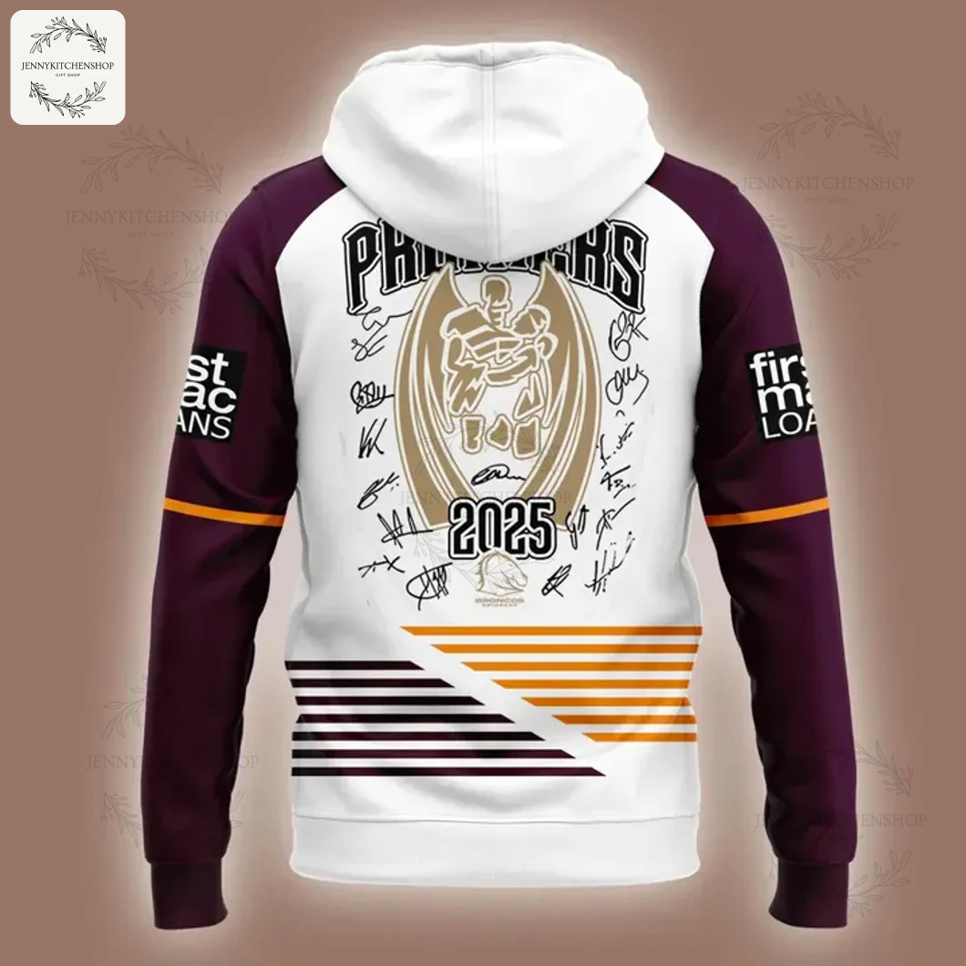Back View of the 2025 NRL Premiers Brisbane Broncos Hoodie Close-up back view of the Brisbane Broncos 2025 NRL Premiers hoodie, featuring the Premiers trophy graphic and player signatures.